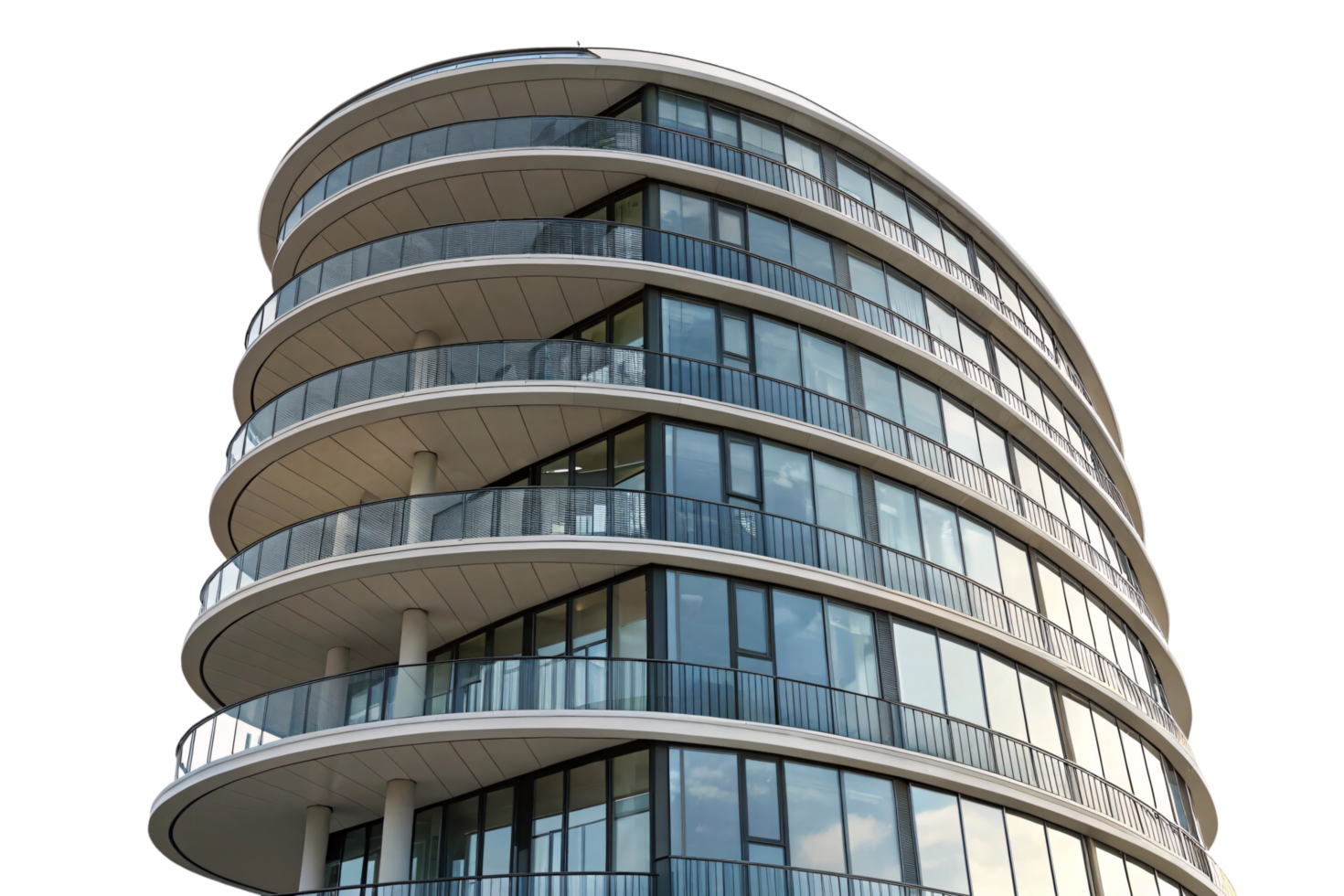 Multi-story curved building with reflective windows, expansive balconies, and minimalist design, blending modern living spaces with city aesthetics and airy elegance png
