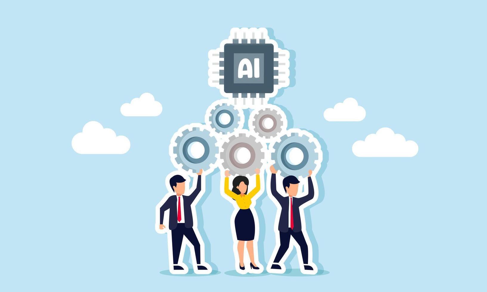 Businesspeople collaborate to assemble a gear system supporting an AI processor chip, illustration of synergy between AI systems and business players vector