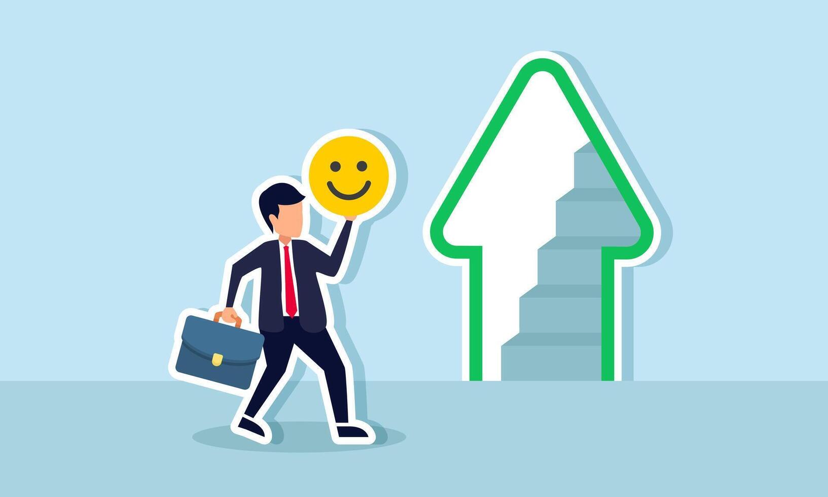 A businessman holds a happy emoticon while climbing stairs with an upward arrow, illustration of business performance improvement through positive market attention vector
