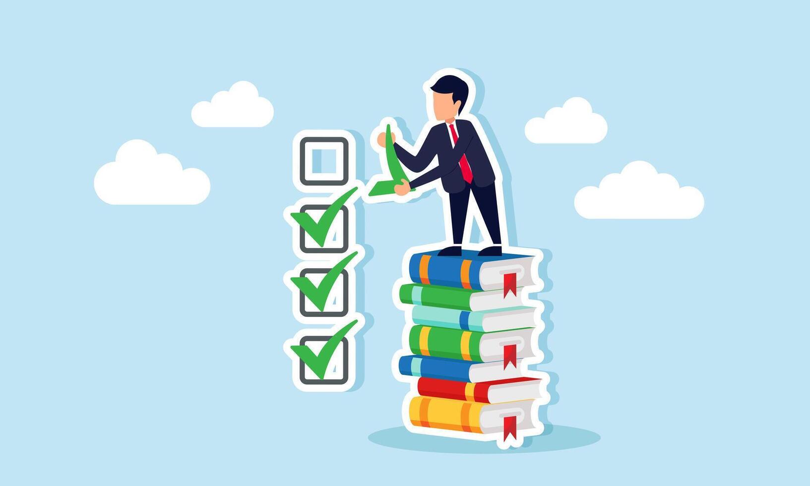 A businessman climbs a stack of books to place a checkmark on a checklist column, illustration of completing a business project report vector