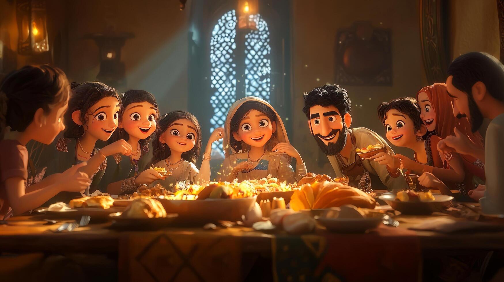 The family is gathered around a table for thanksgiving photo