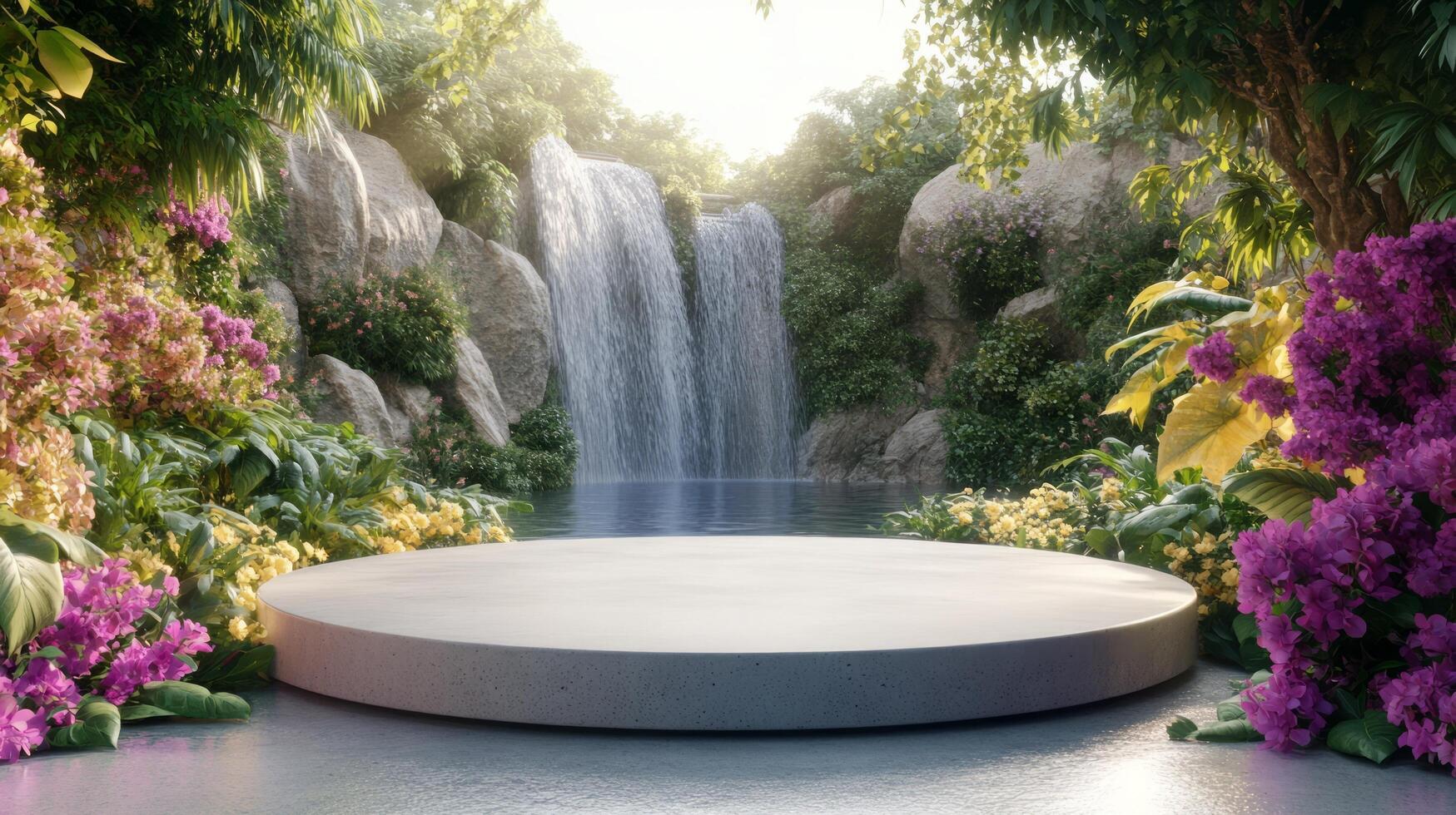podium natural plant mockup fragrance display. Serene Waterfall Oasis Concrete Platform in Lush Tropical Garden. photo
