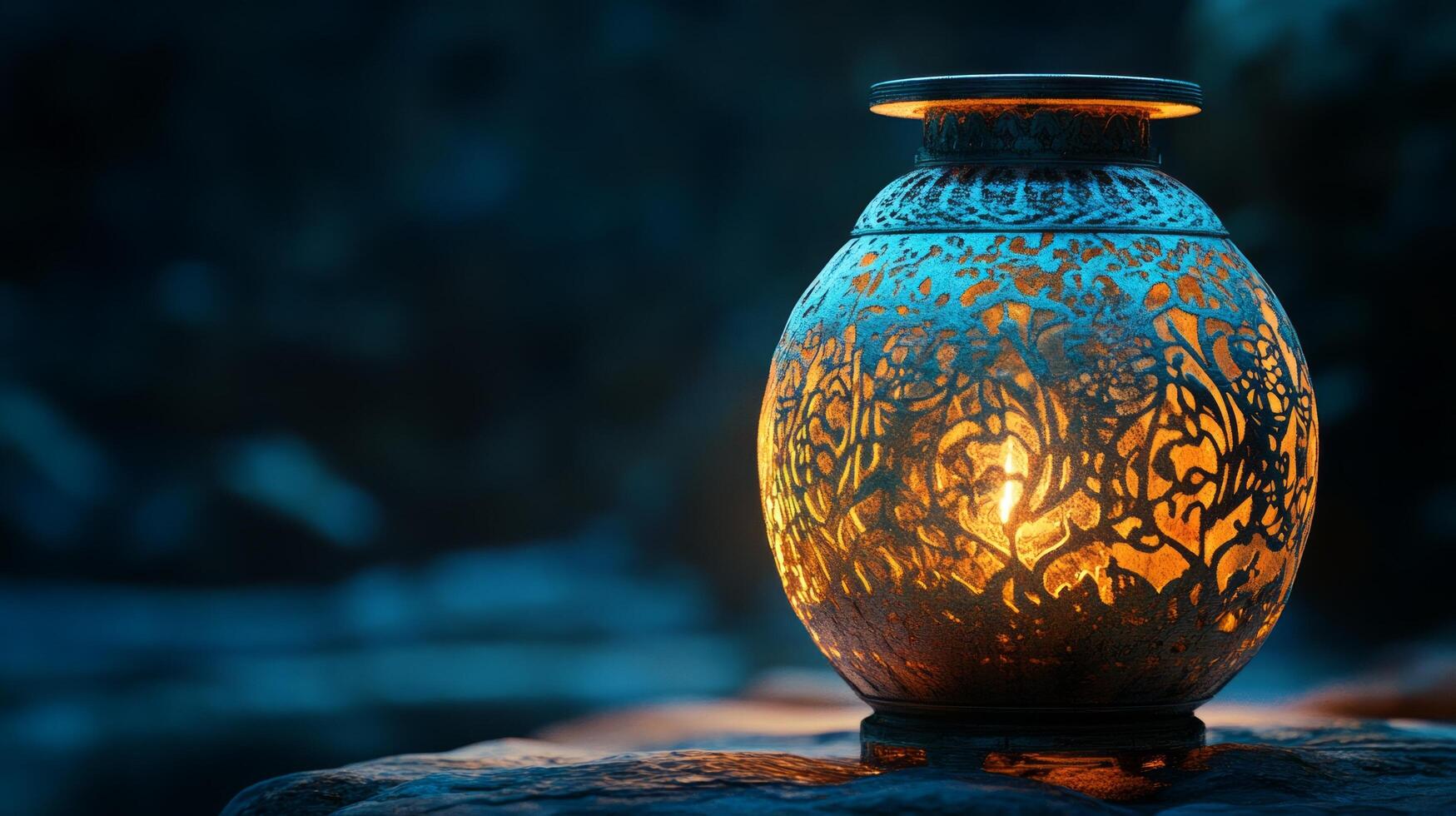 A lamp with a candle lit on top of a stone photo