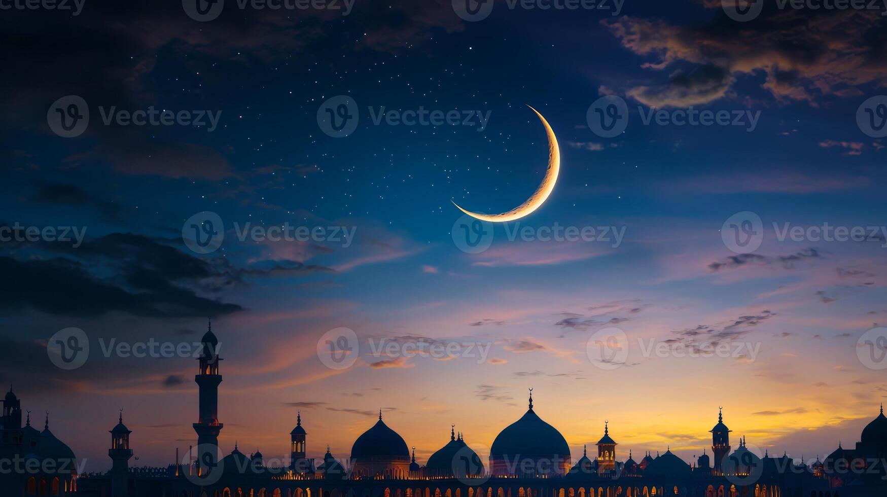 The moon and crescent are seen in the sky over a mosque photo
