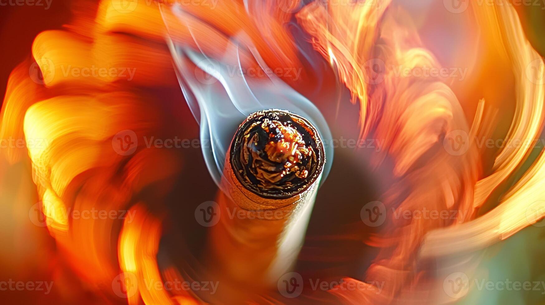 A close up of a burning cigarette with a swirling flame photo