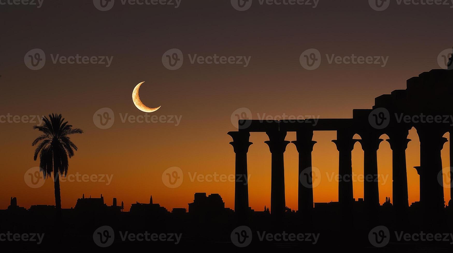 The crescent moon is seen in the sky over the ruins of an ancient city photo