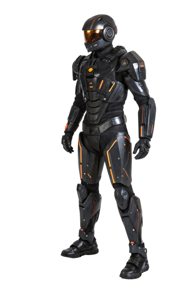 Advanced black robot in side view, vibrant orange lighting accents, sleek body armor conveying durability and futuristic combat functionality png