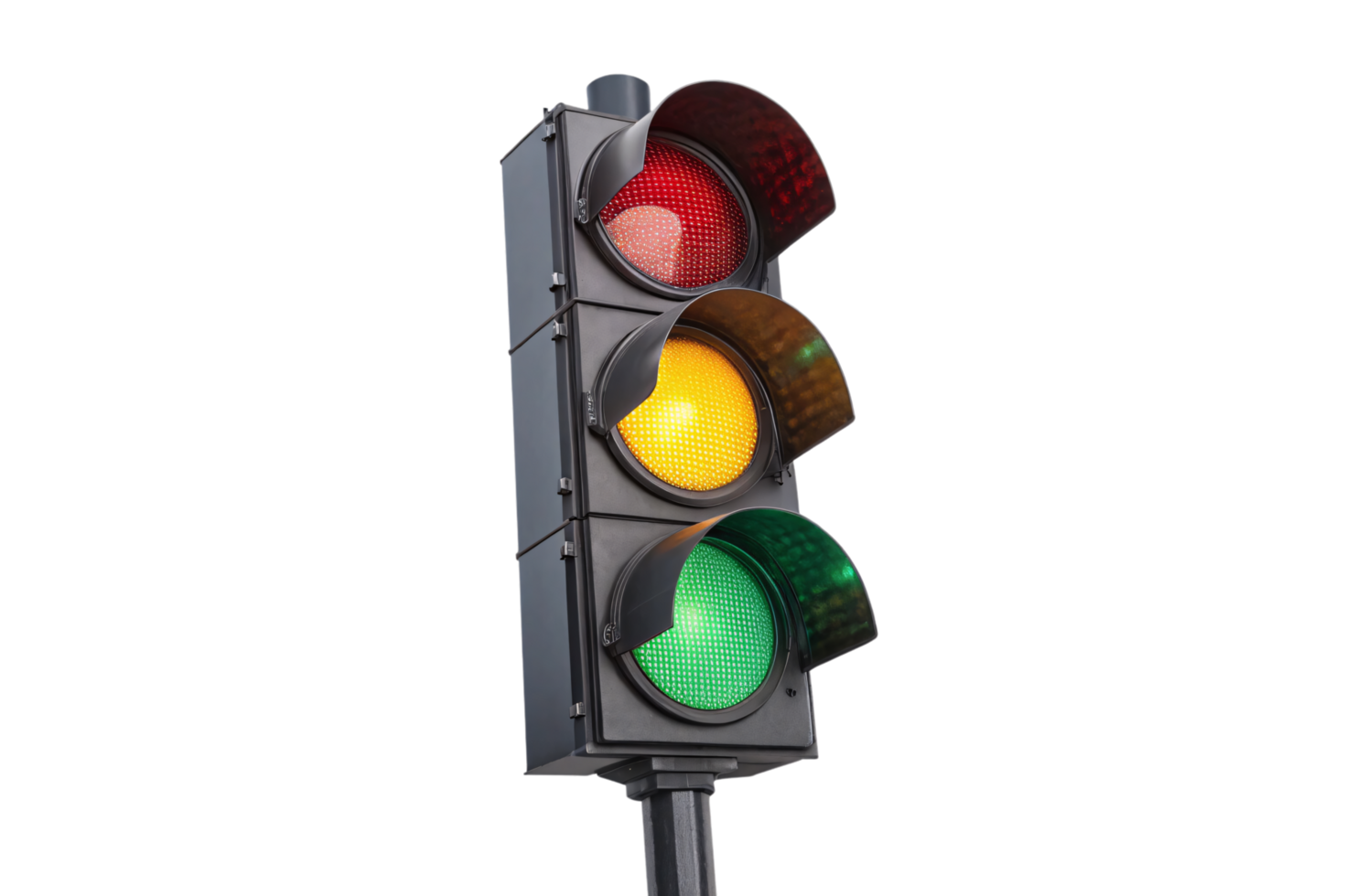 A sleek black traffic light displays a glowing yellow signal, surrounded by shades of red and green lights, ready to control urban flow png