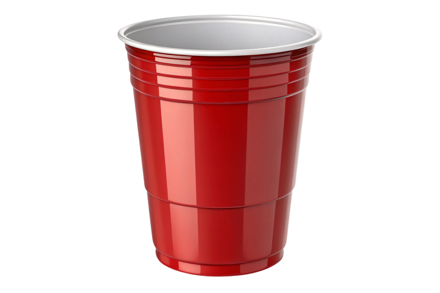 A bright red, disposable plastic cup with a glossy finish and a silver interior, commonly used for casual parties or outdoor gatherings png