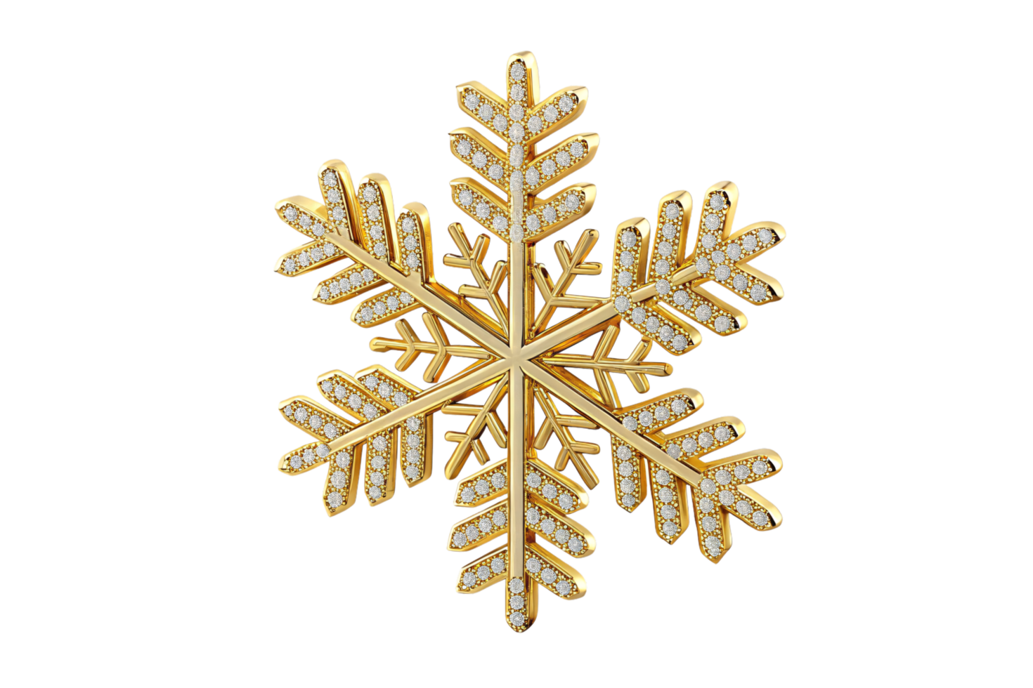 A golden snowflake adorned with sparkling diamond-like studs, set against a transparent background, radiating elegance and festive charm png