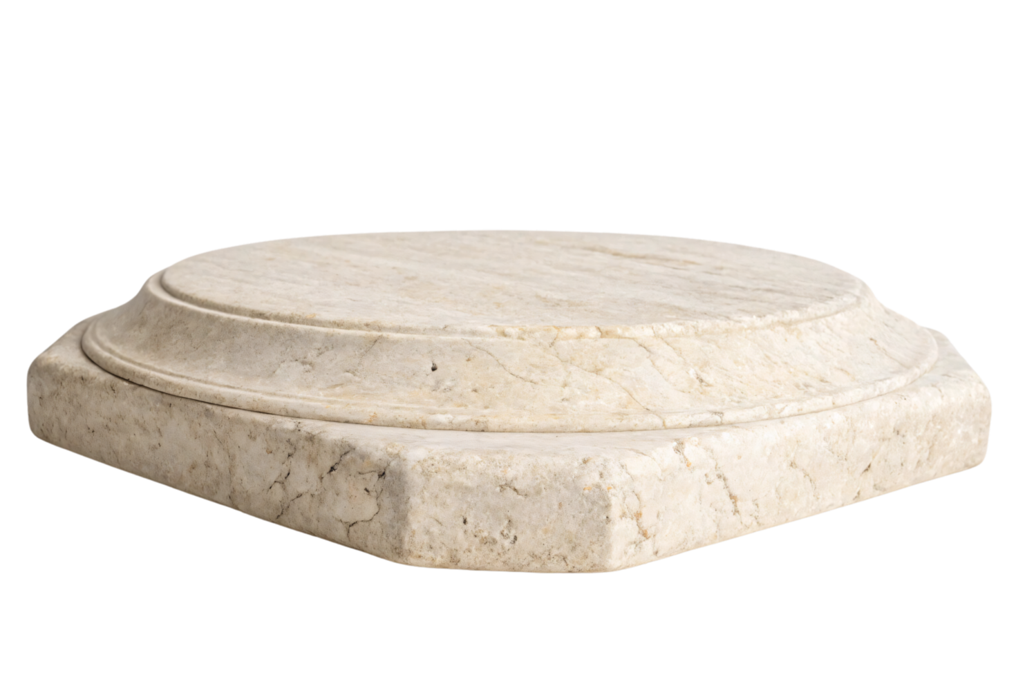 A round stone base with a beveled edge and smooth surface, carved from pale stone, highlighting subtle marbling patterns png