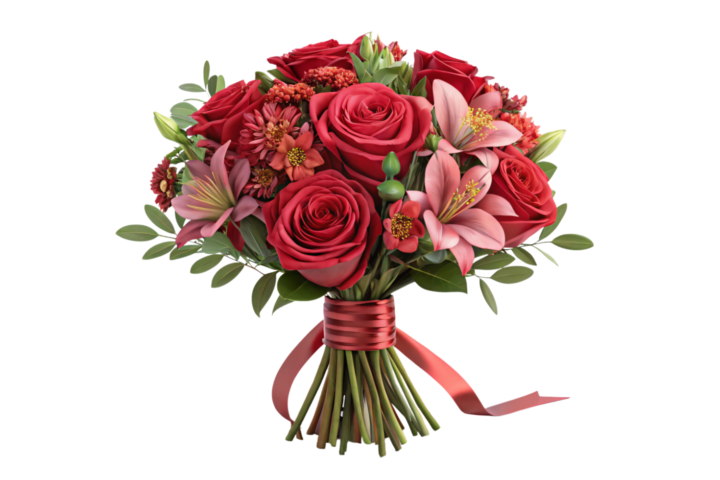 A vibrant mix of red roses and pink lilies with small blossoms and green leaves, tied with a shimmering red ribbon png