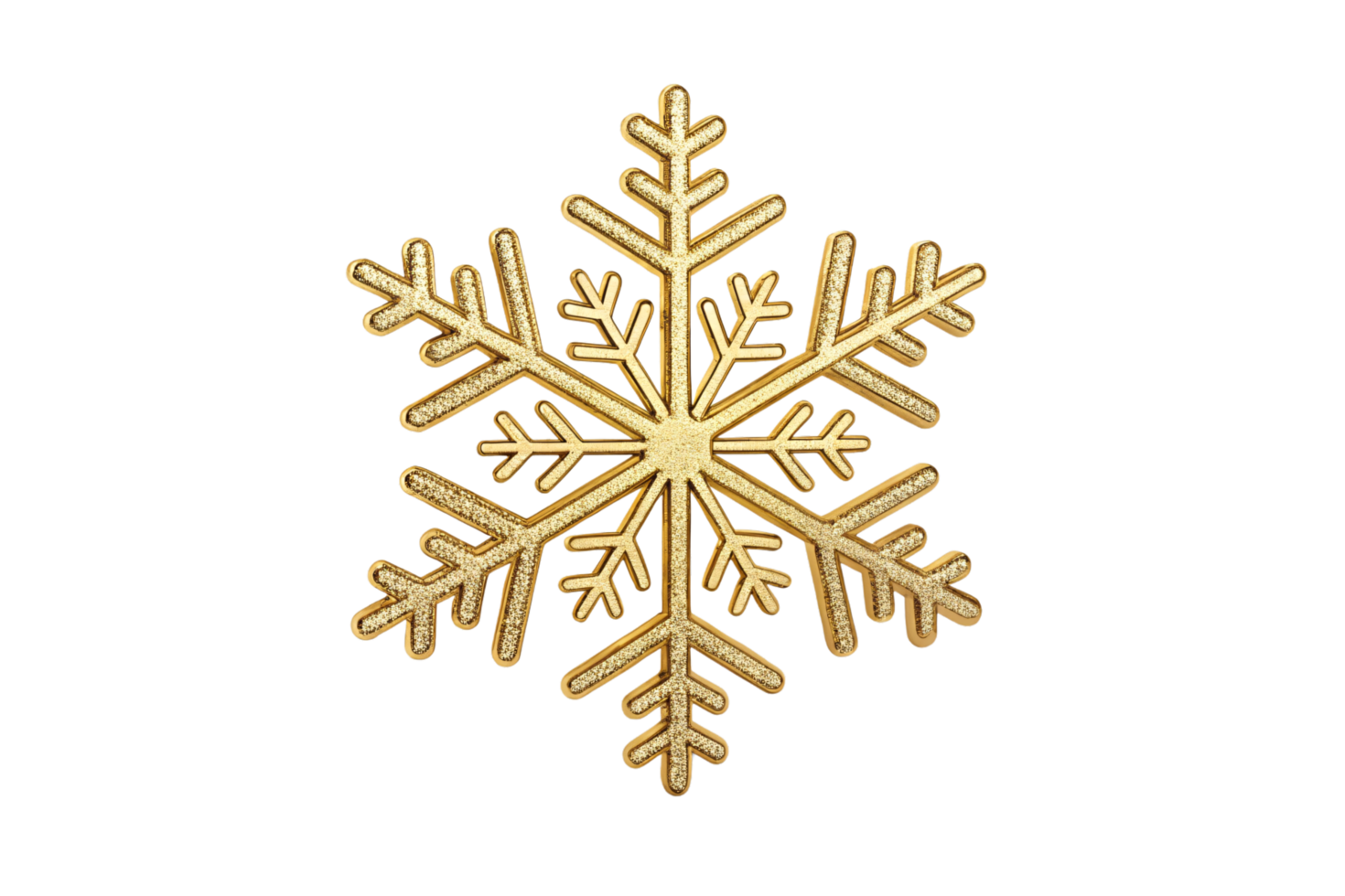 A glitter-covered golden snowflake with fine detailing, giving a soft and festive appearance png