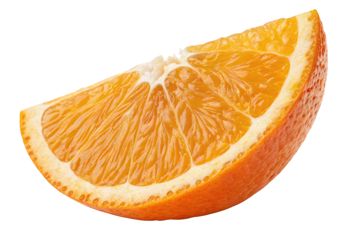 A single wedge of an orange with a bright orange peel and visible juicy segments, showcasing its natural, vibrant texture png