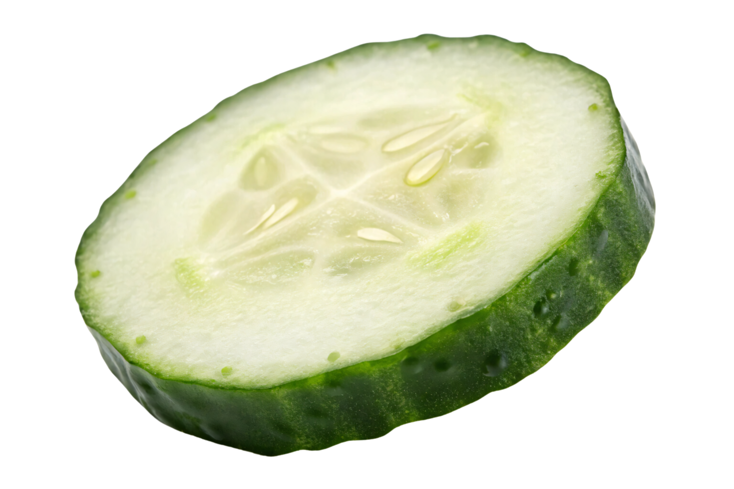 A close-up of a cucumber slice focusing on its pale, juicy interior and intricate seed patterns, framed by a vibrant green rind png