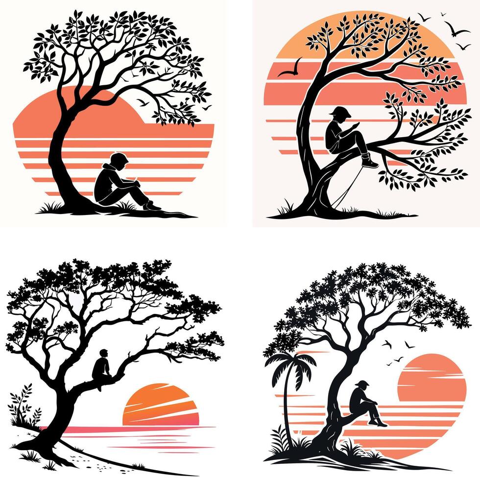 A serene silhouette of a couple sitting on a bench under a tree, with faint leaves falling around them, evoking themes of love and connection in a peaceful setting. vector