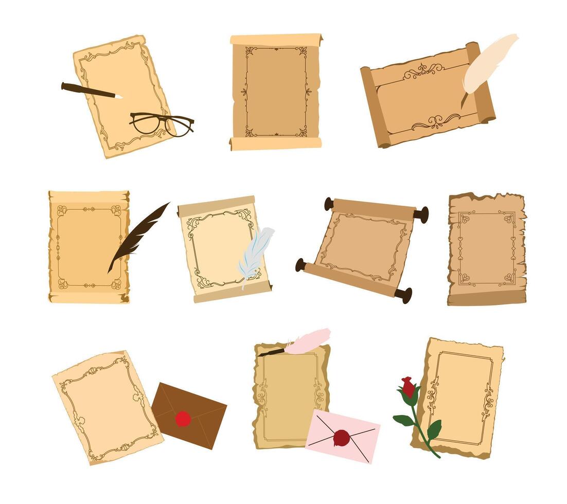 A collection of vintage poetry paper roll elements, featuring curled edges, aged textures, and classic scroll designs. For literary projects, retro invitations, and antique-style decorations vector
