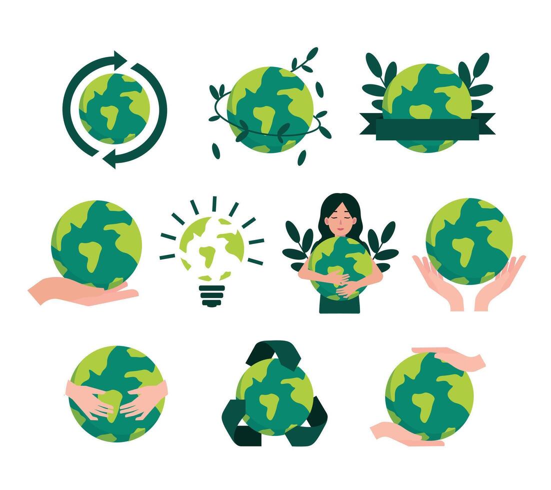 A collection of World Earth Day elements, featuring symbols of ecosystems and environmental conservation, for eco-awareness campaigns, educational materials, posters, and green-themed designs vector