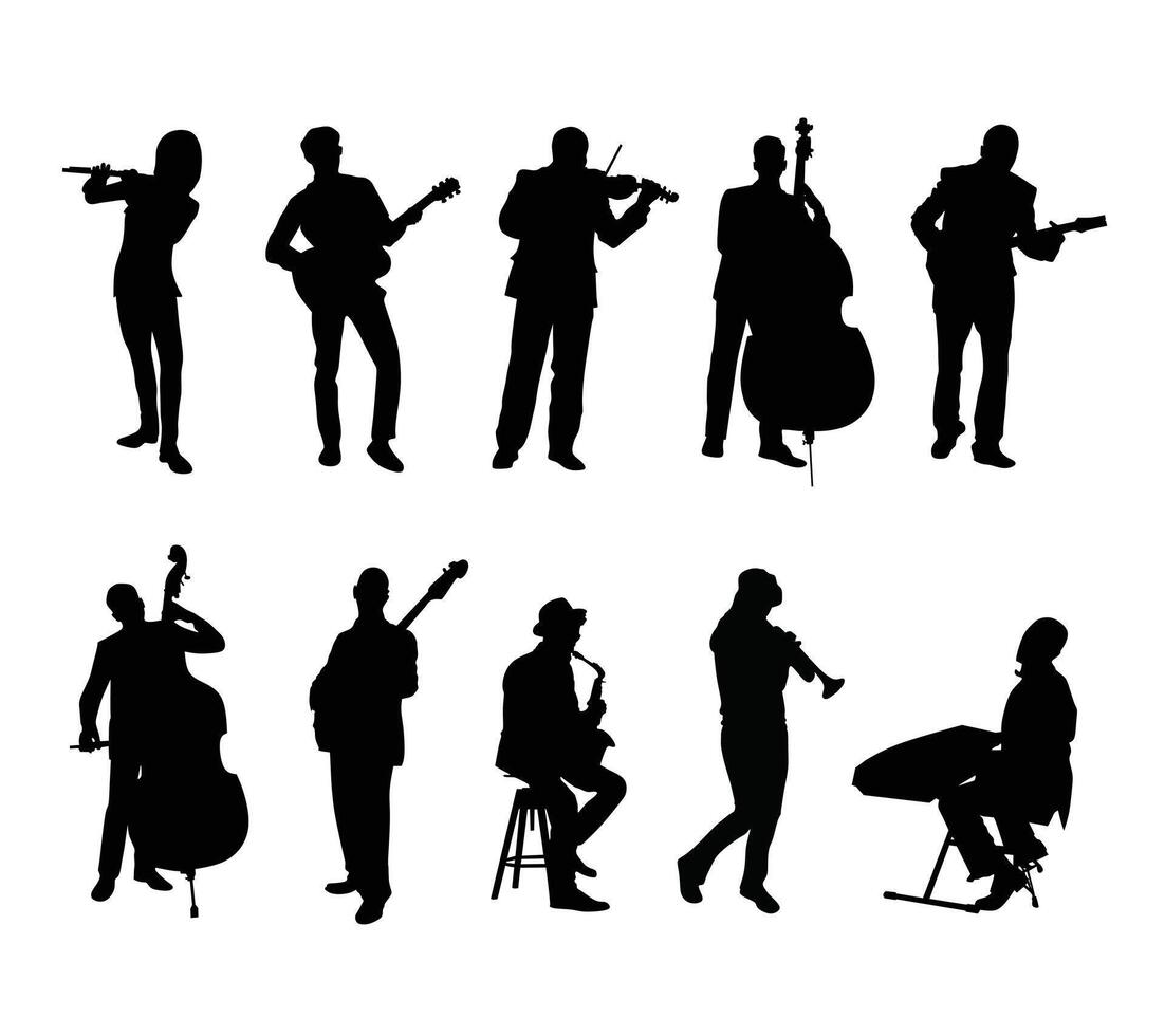 A stylish collection of jazz musician silhouettes, featuring artists playing instruments, for music festival posters, concert flyers, album covers, and jazz-themed designs vector