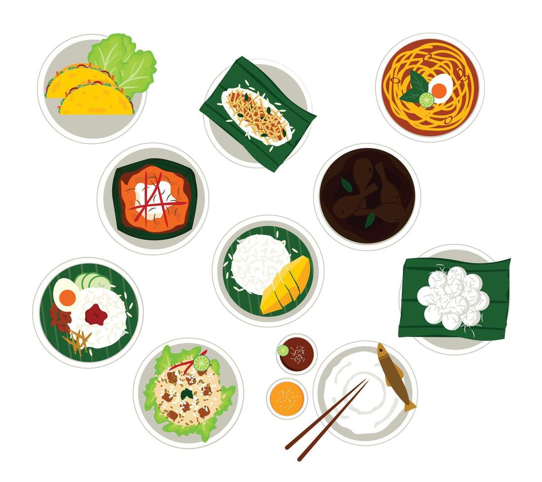 A collection of Southeast Asian traditional cuisine illustrations, showcasing iconic dishes, Perfect for food menus, culinary blogs, cultural events, travel guides, and recipe books vector