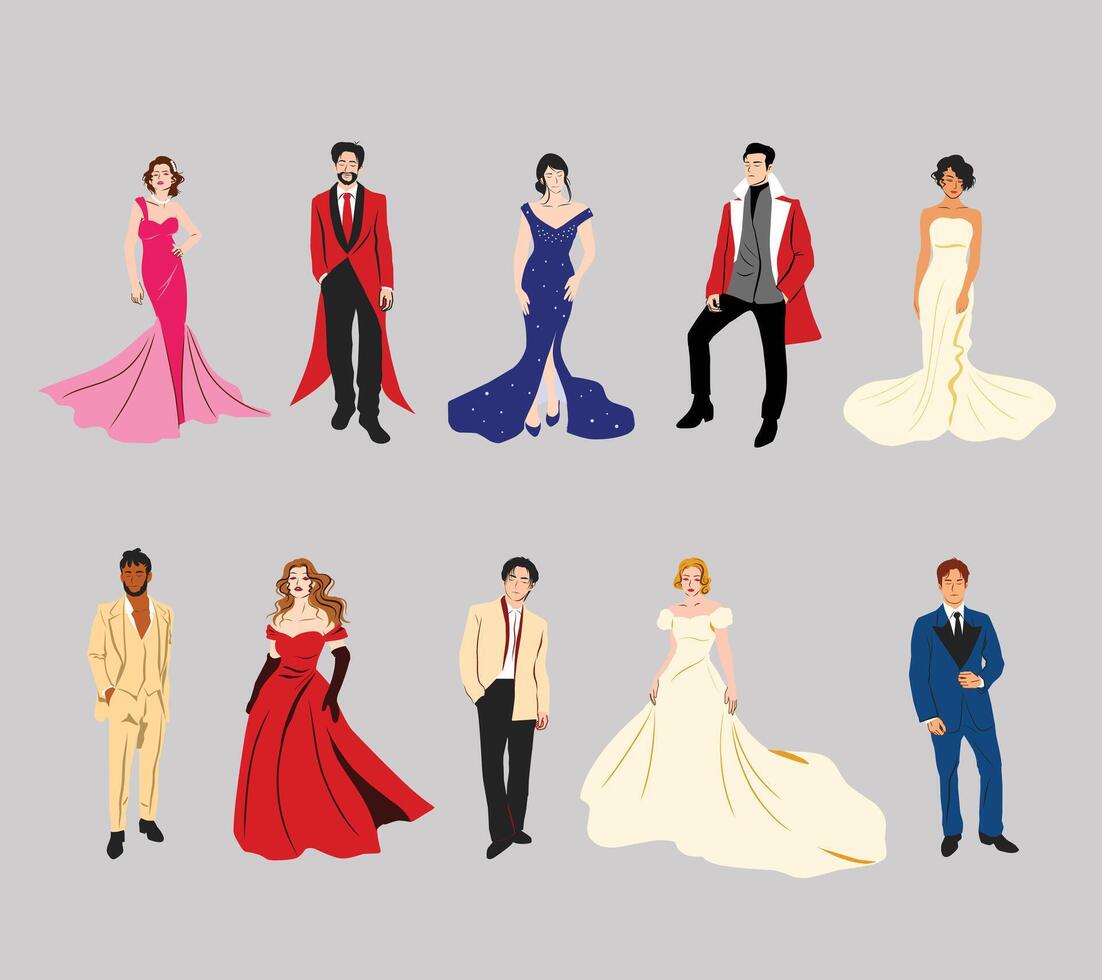 A collection of celebrity characters dressed in elegant and luxurious outfits, for fashion projects, event promotions, magazine covers, and luxury-themed designs. vector