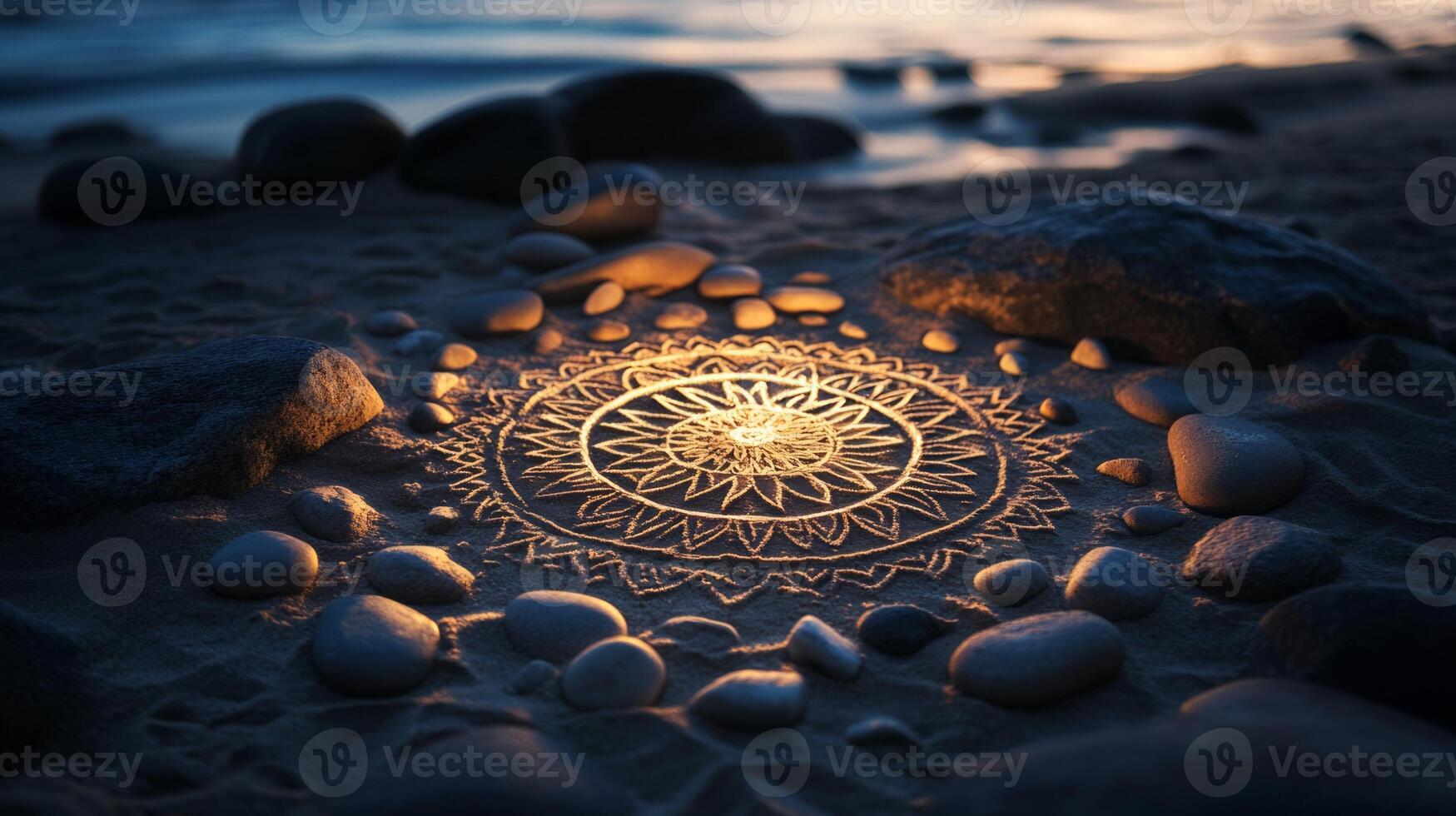 A mandala is placed on the sand with stones photo