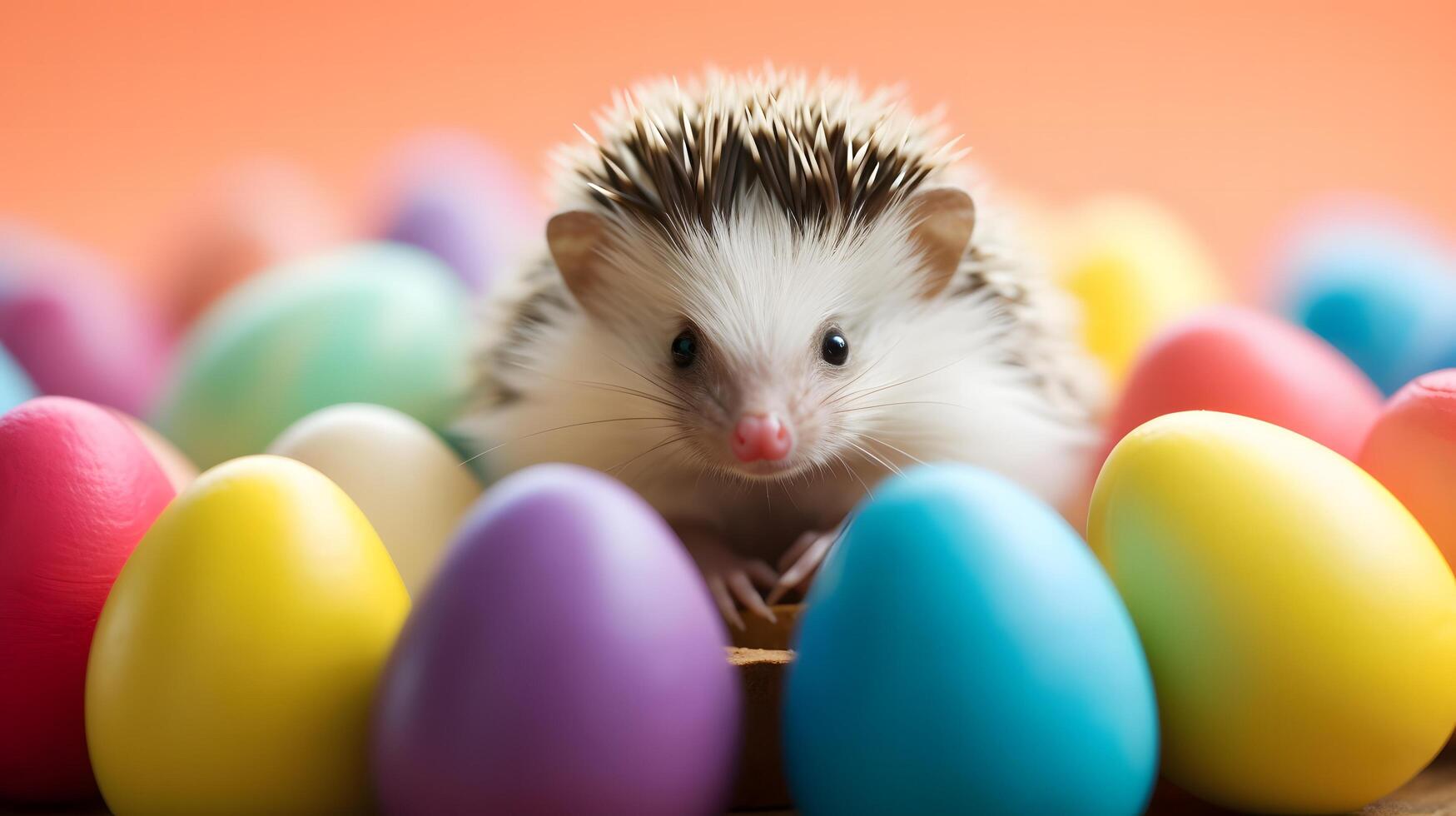Adorable hedgehog surrounded by colorful easter eggs indoor setting playful background close-up view for easter celebration photo