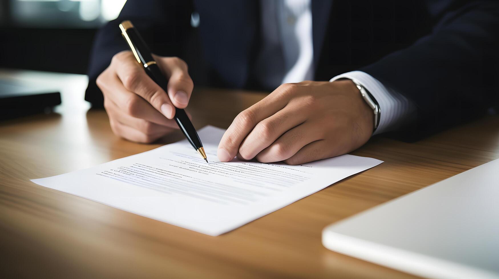 Signing a crucial business contract office setting close-up perspective professional environment contract signatures photo