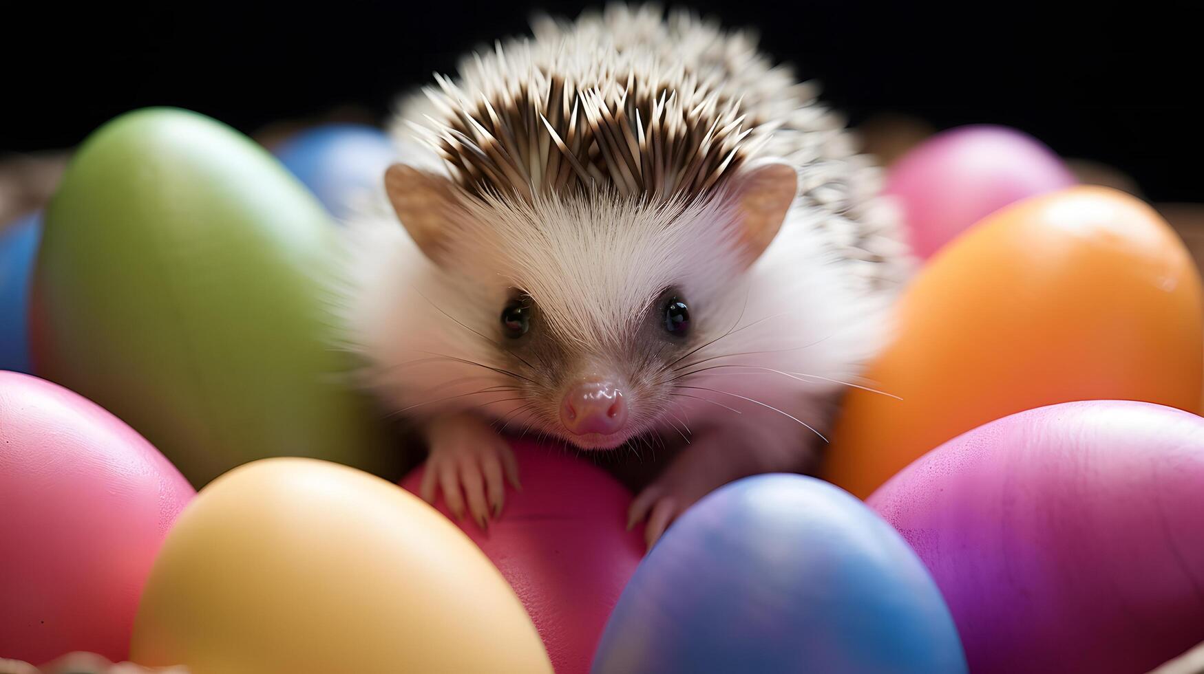 A tiny hedgehog surrounded by colorful easter eggs indoor setting close-up view enchanting background photo