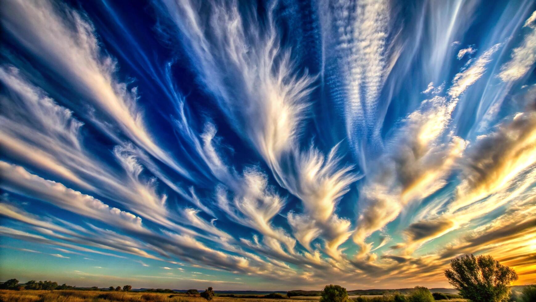 Breathtaking skies with feathery cirrus clouds over a tranquil landscape nature scene evening viewpoint photo