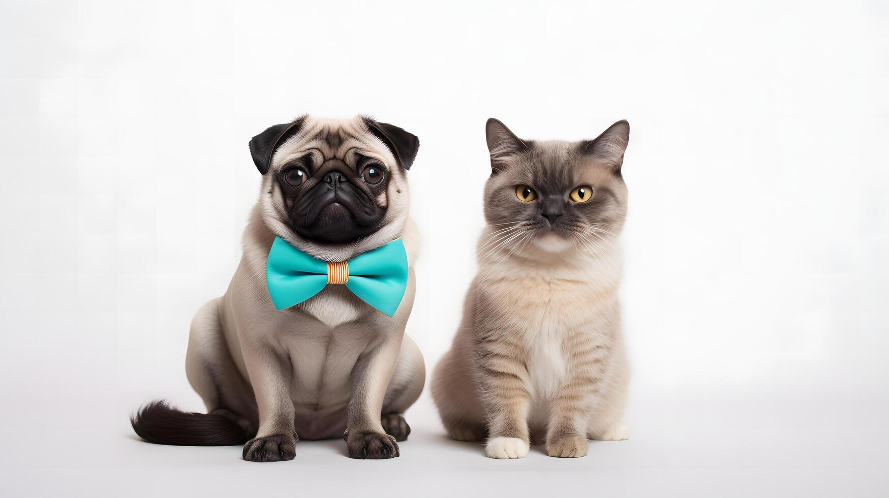 Adorable pug and scottish fold cat in matching bowties studio setting pet portrait playful environment close-up view animal companionship photo