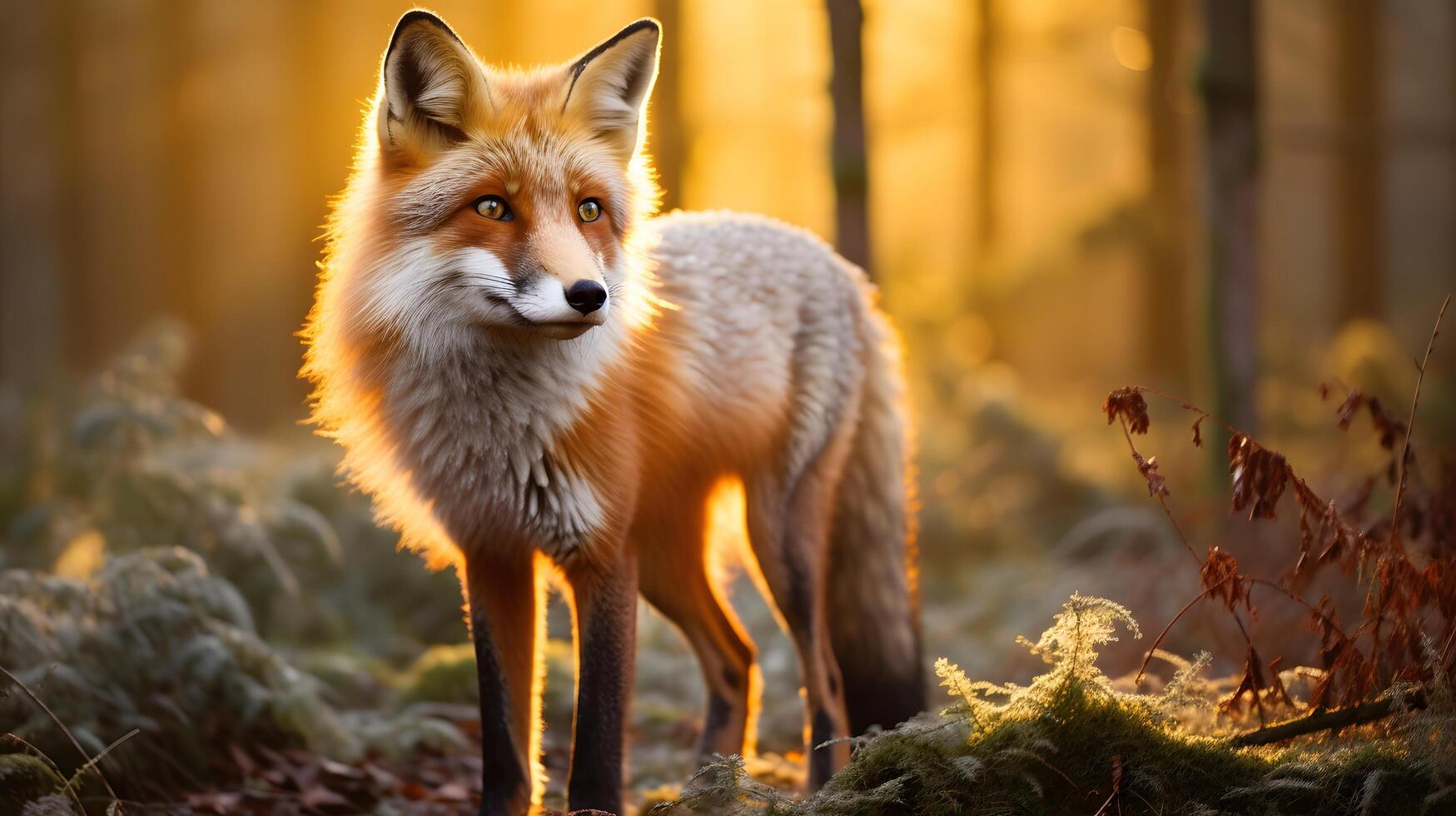 Misty forest background red fox action nature closeup tranquil environment eye-level viewpoint wildlife concept photo