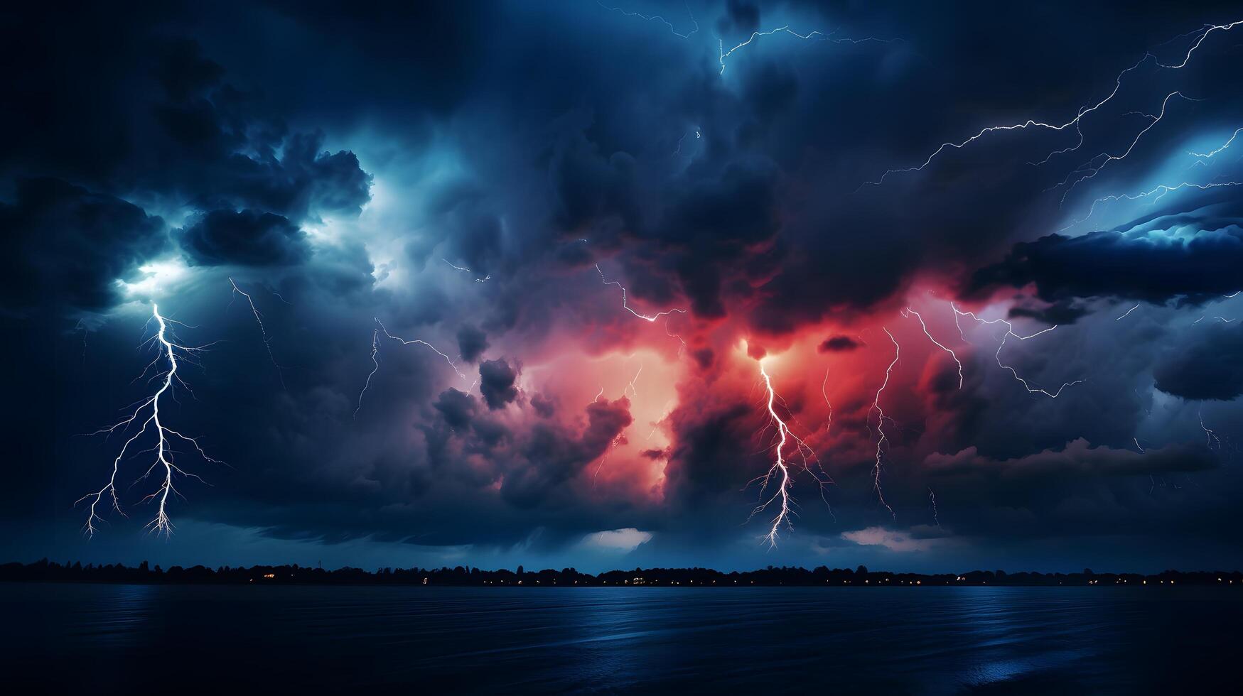 Storm clouds and lightning display over calm lake nature photography dramatic atmosphere captured at dusk photo