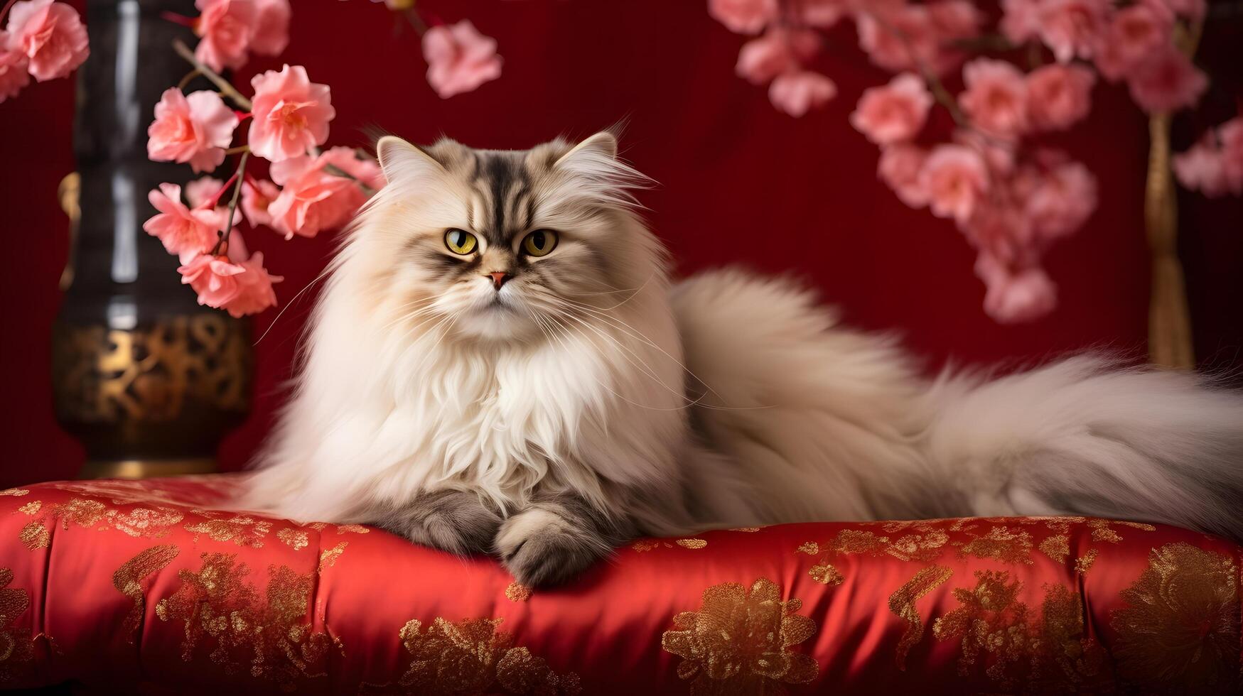 Elegant persian cat on red silk cushion surrounded by blossoms luxurious background close-up feline serenity photo
