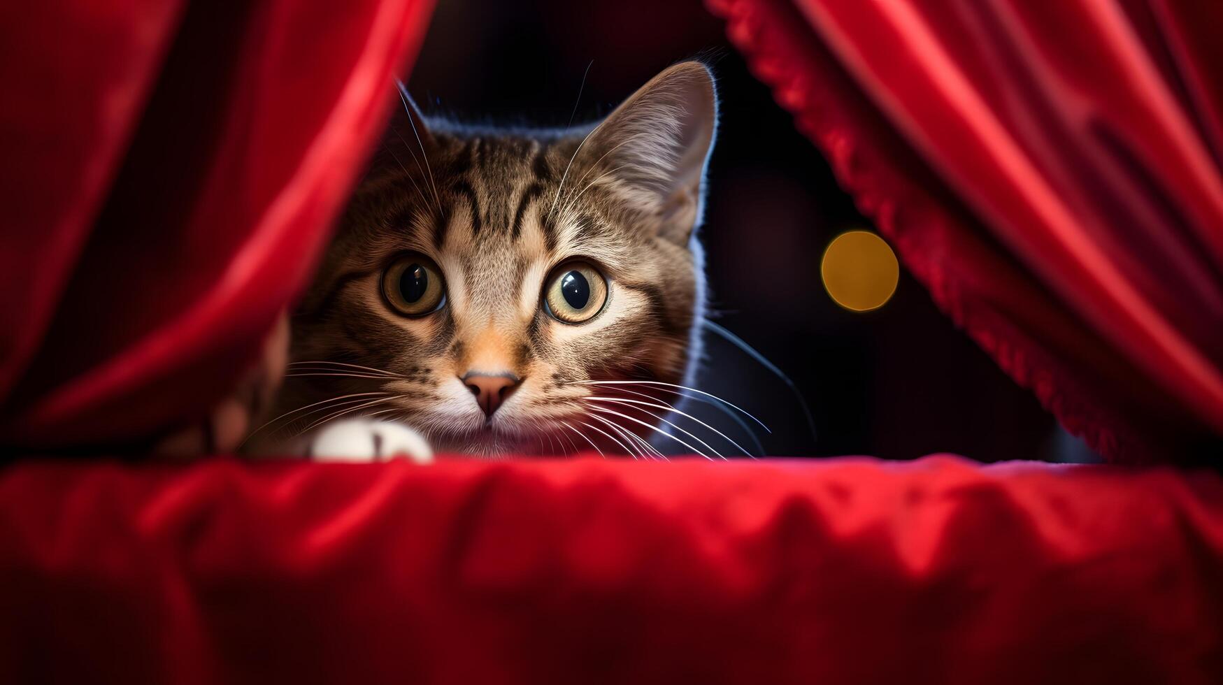 Mischievous tabby cat peeking from behind red curtains at home indoor scene close-up view playful concept photo