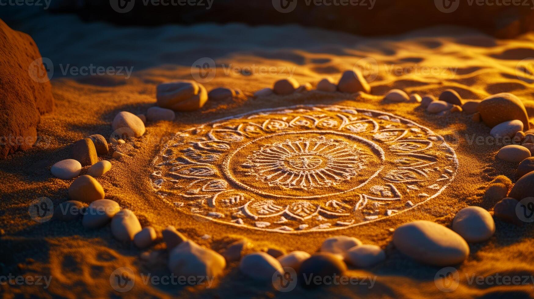 A mandala is made out of stones and sand photo
