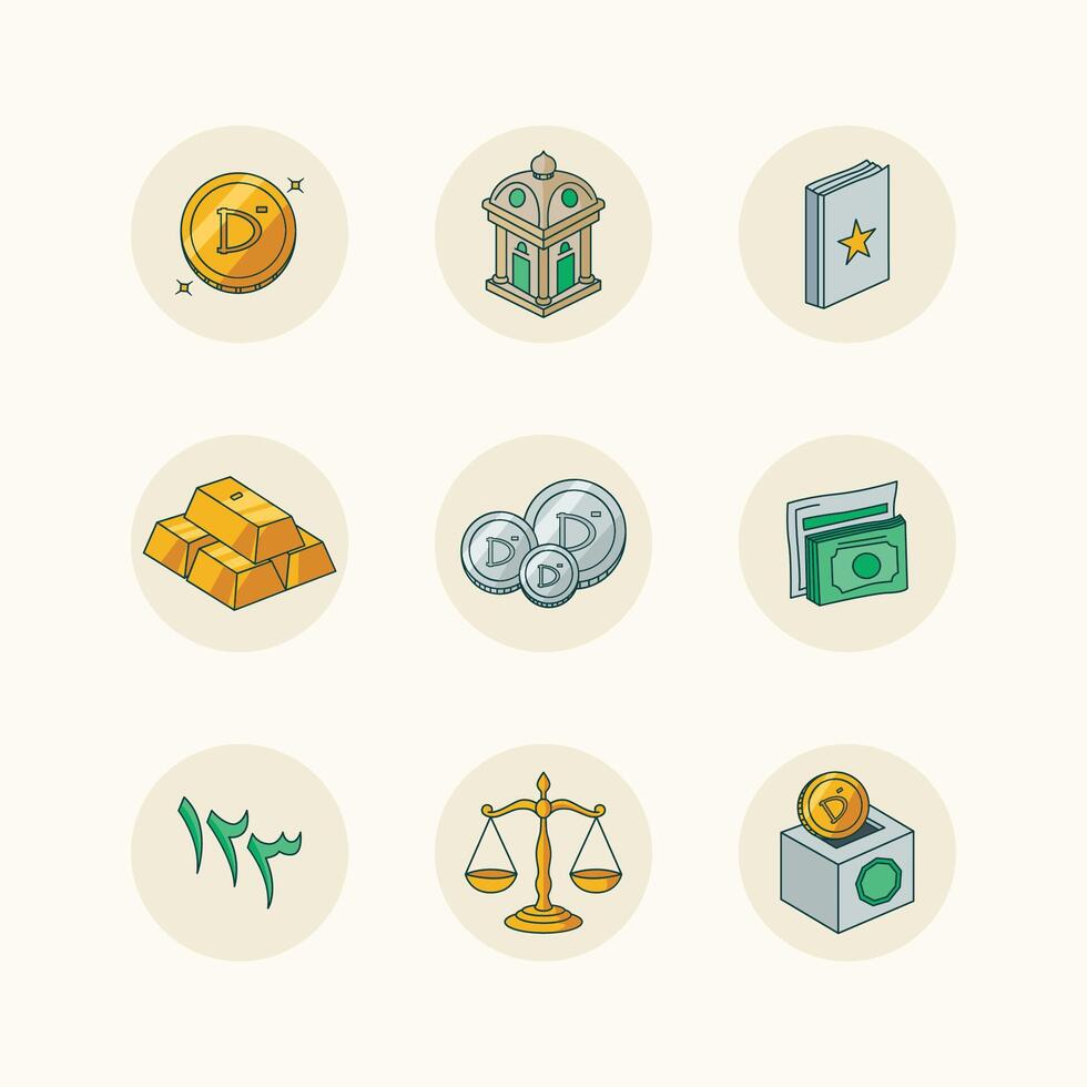 A collection of 9 financial icons representing Middle Eastern money and banking concepts. vector