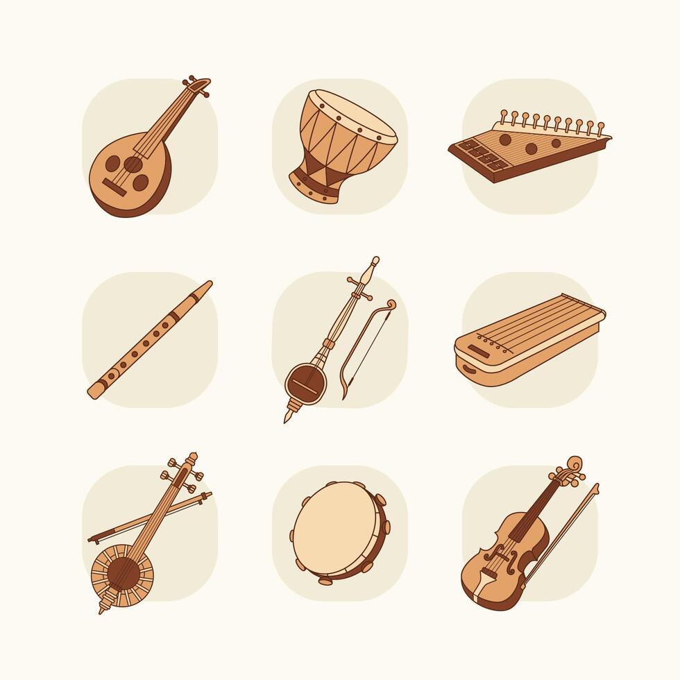 9 well-designed icons representing classic Middle Eastern musical instruments. vector