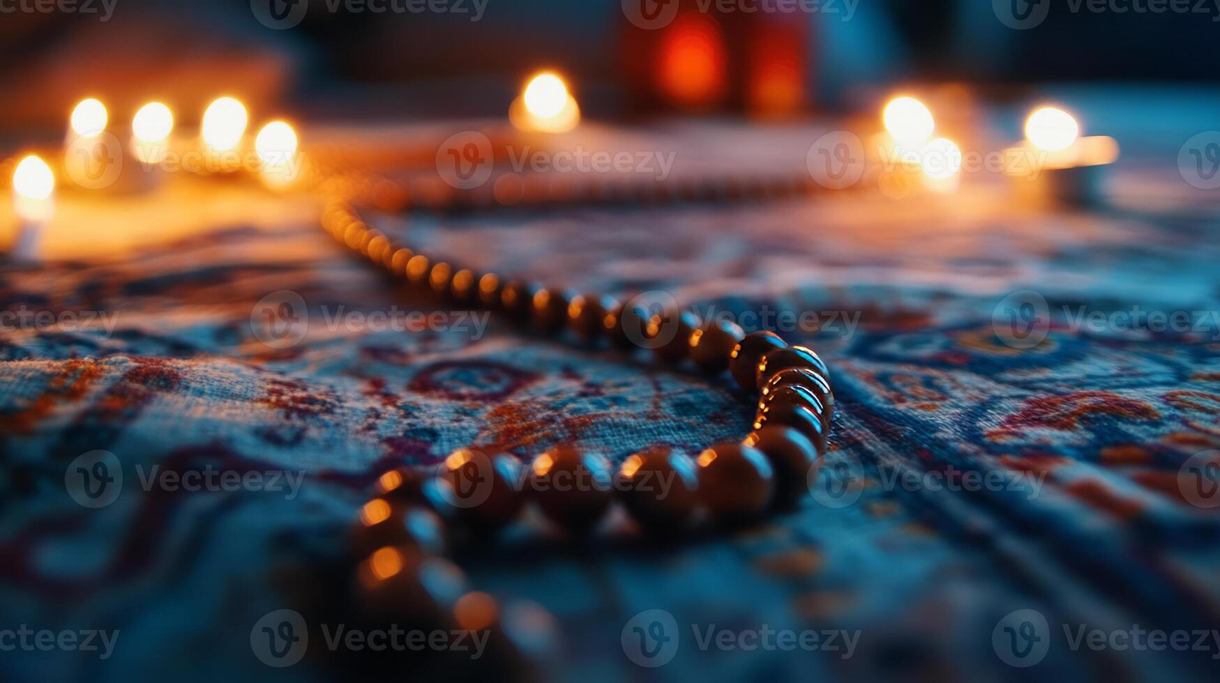A candle is lit on a bed with a rosary in the background photo