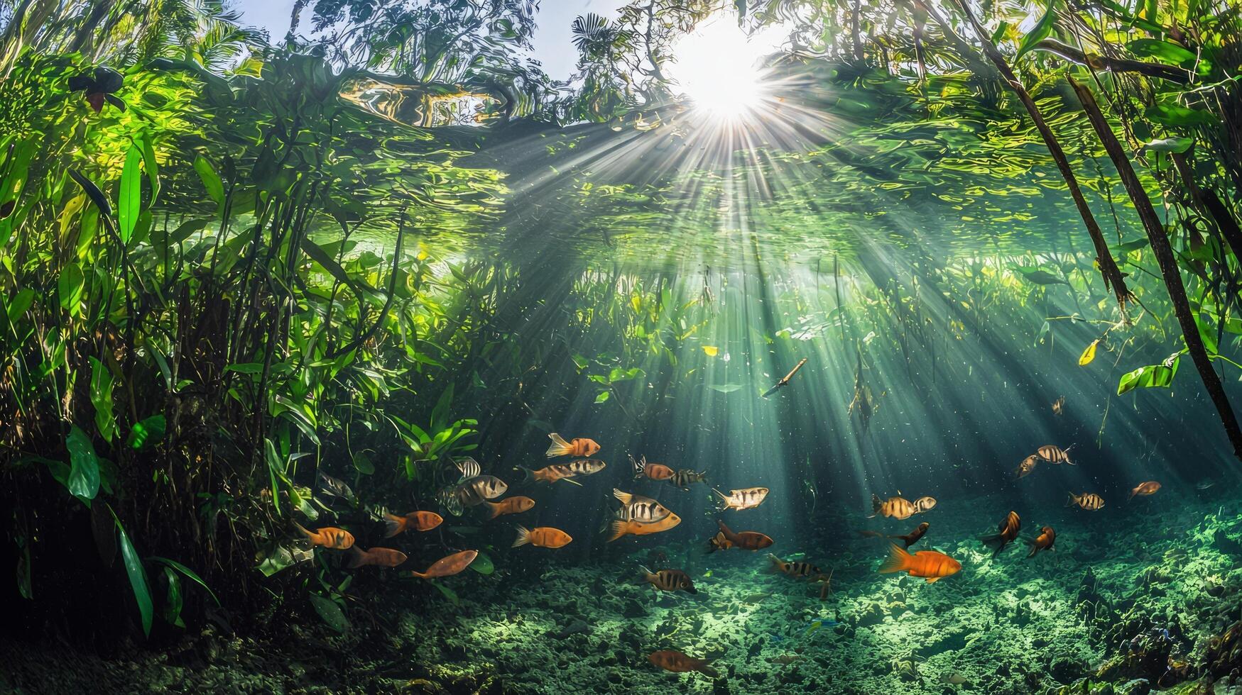 The sun shines through the water and over the plants photo