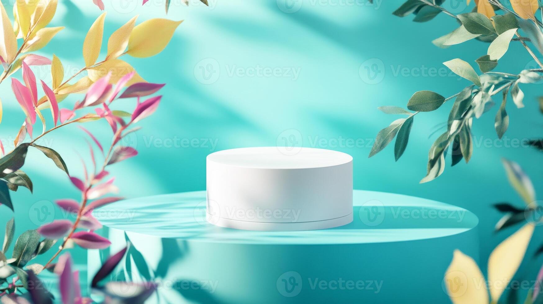 A white container sitting on a blue table surrounded by plants photo