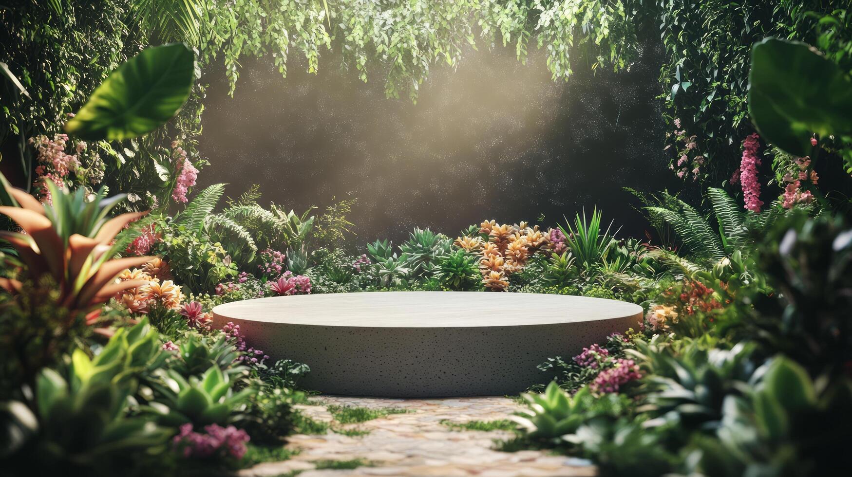 podium natural plant mockup fragrance display. Serene Tropical Garden with Circular Stone Pedestal. photo