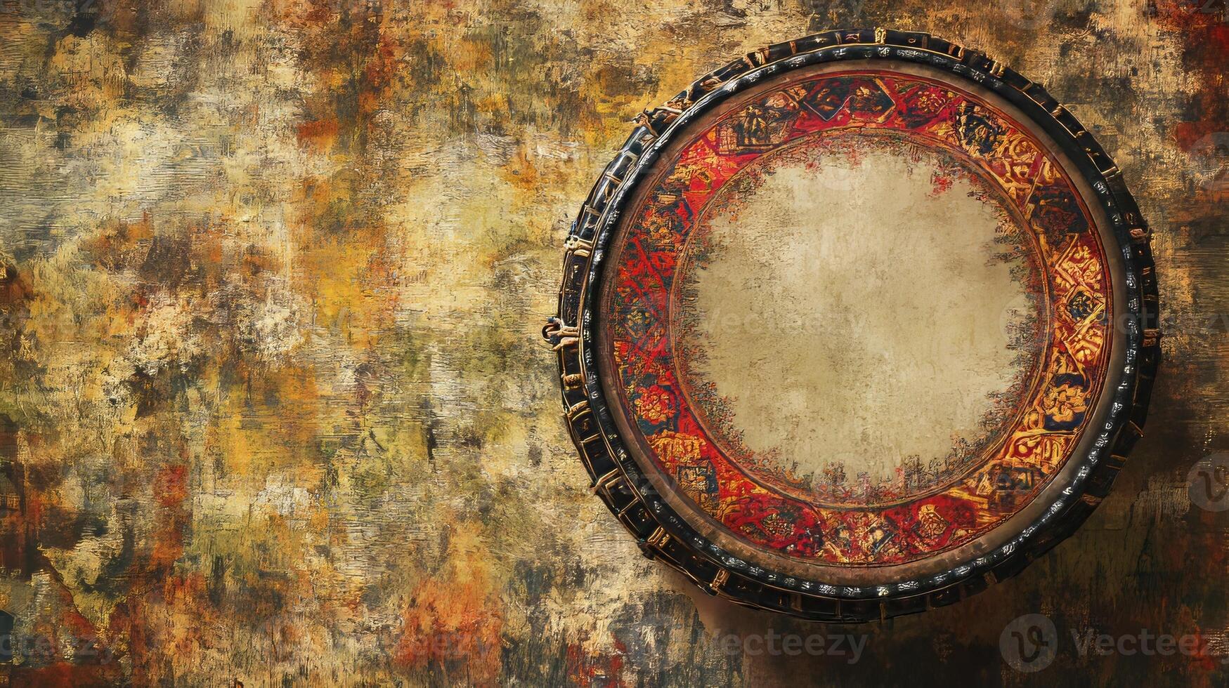 An old mirror on a wall with a colorful pattern photo