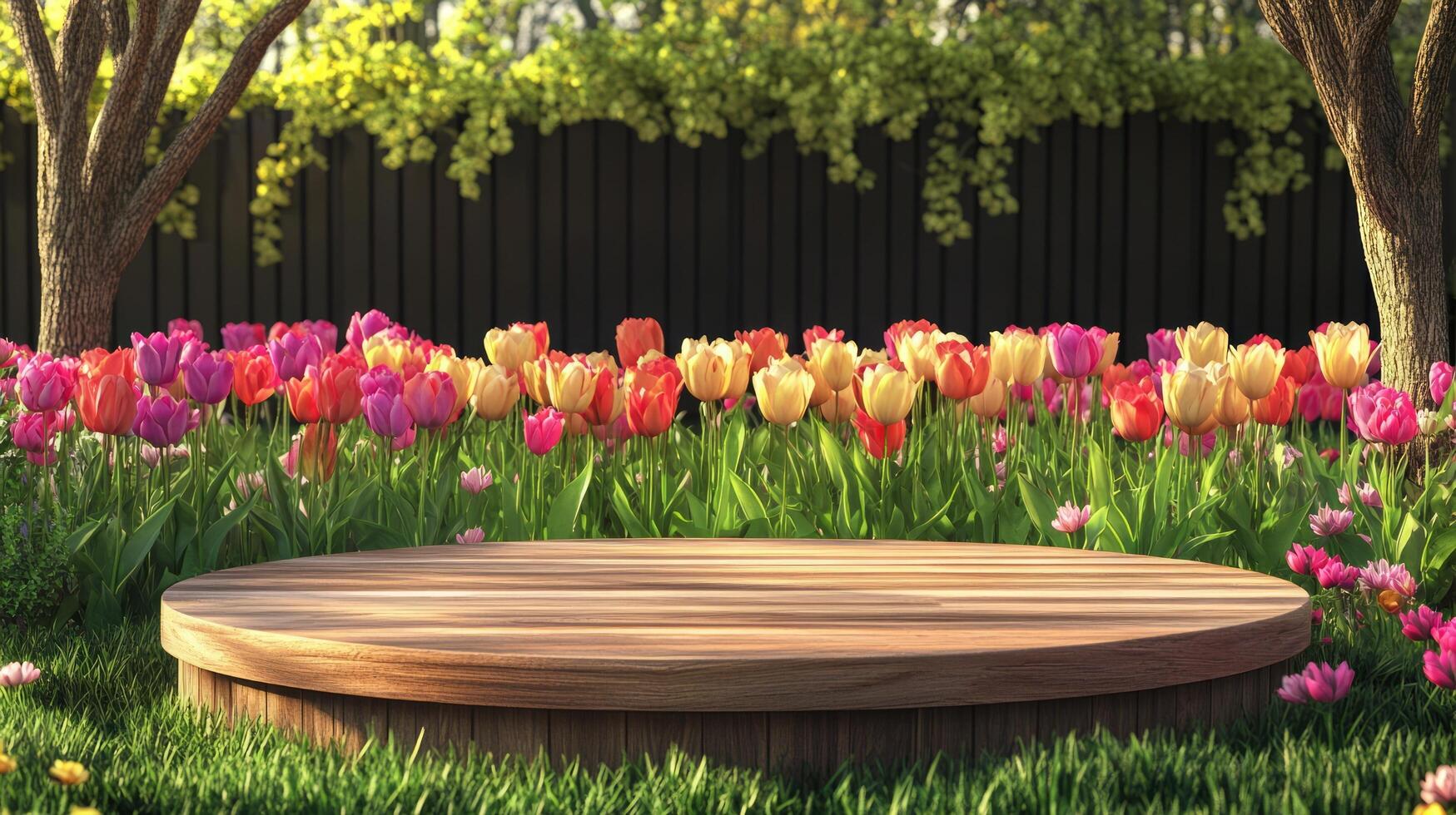 podium natural plant mockup fragrance display. Spring Garden Wooden Platform with Colorful Tulips. photo