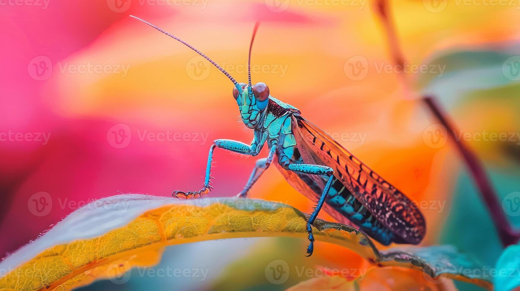 A colorful grasshopper sits on a leaf photo