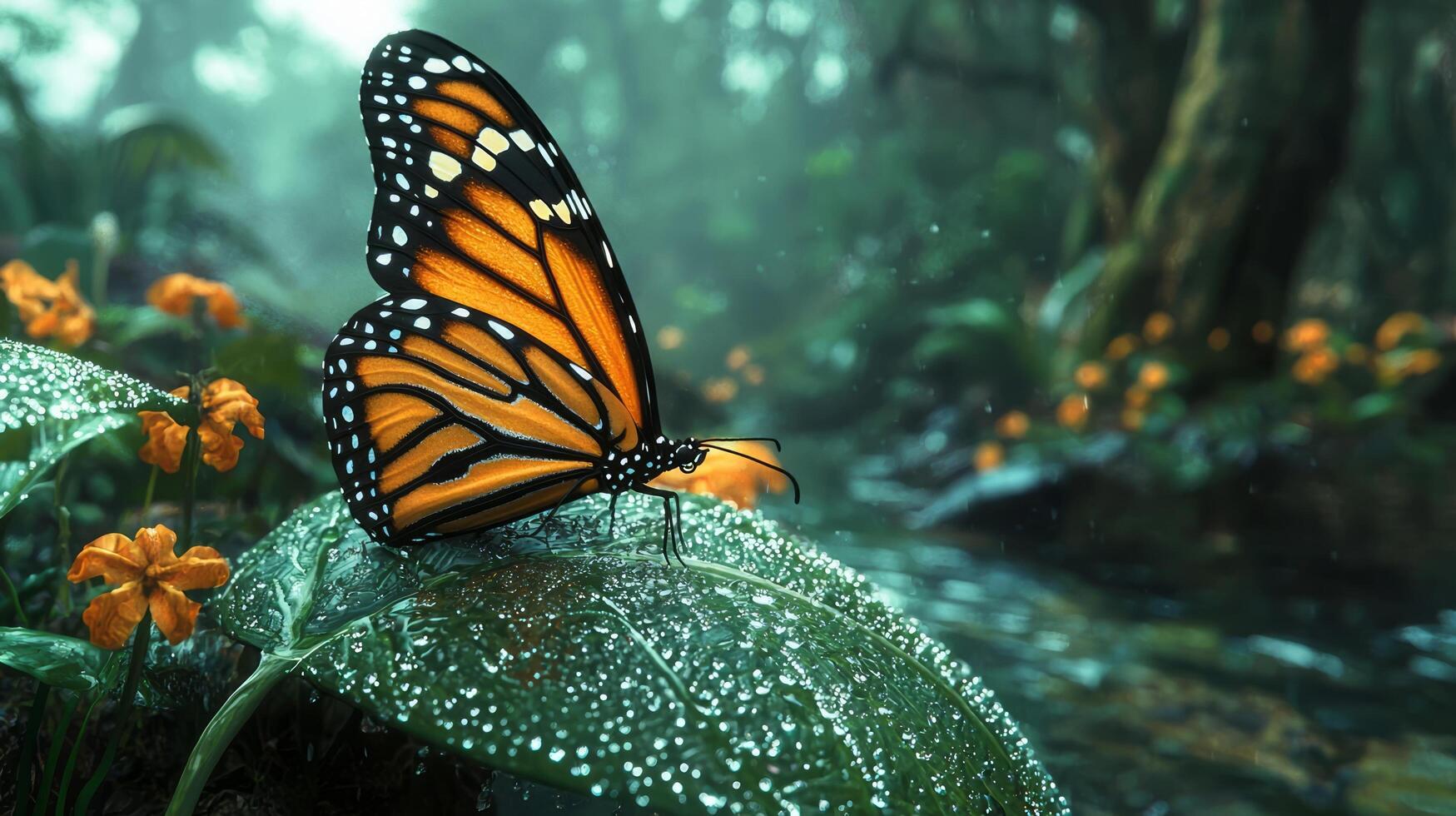 A monarch butterfly is sitting on a leaf in the rainforest photo