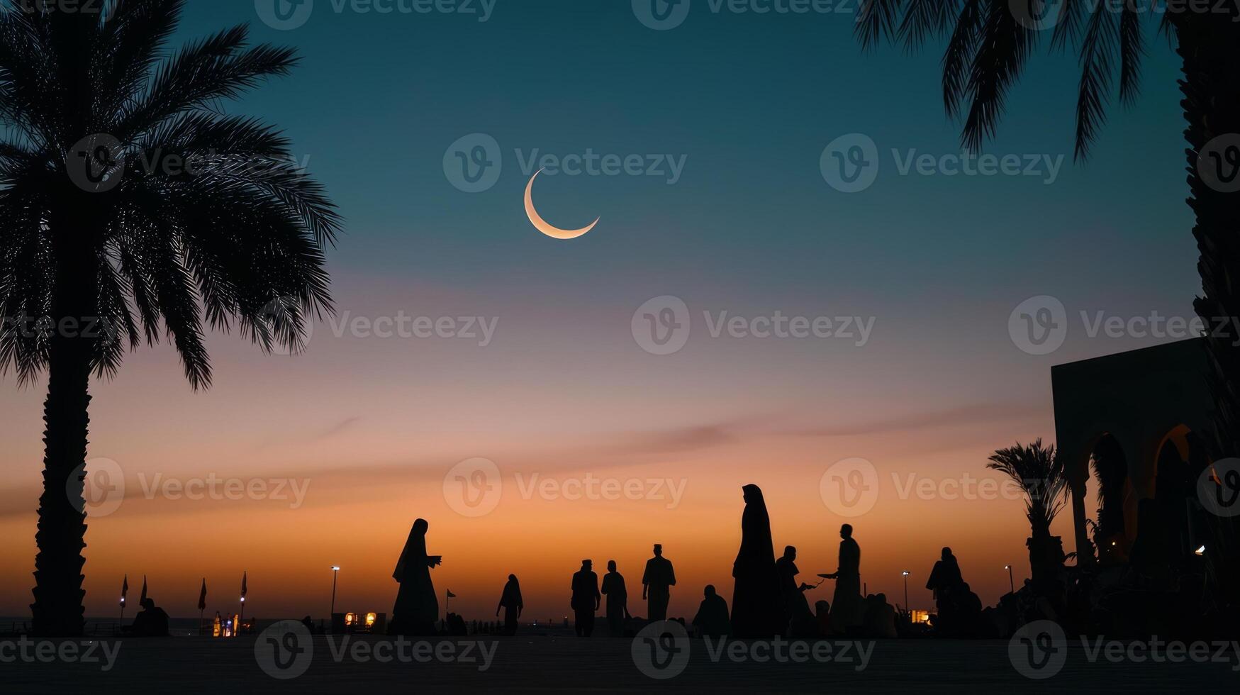 People standing in front of a crescent moon and palm trees photo