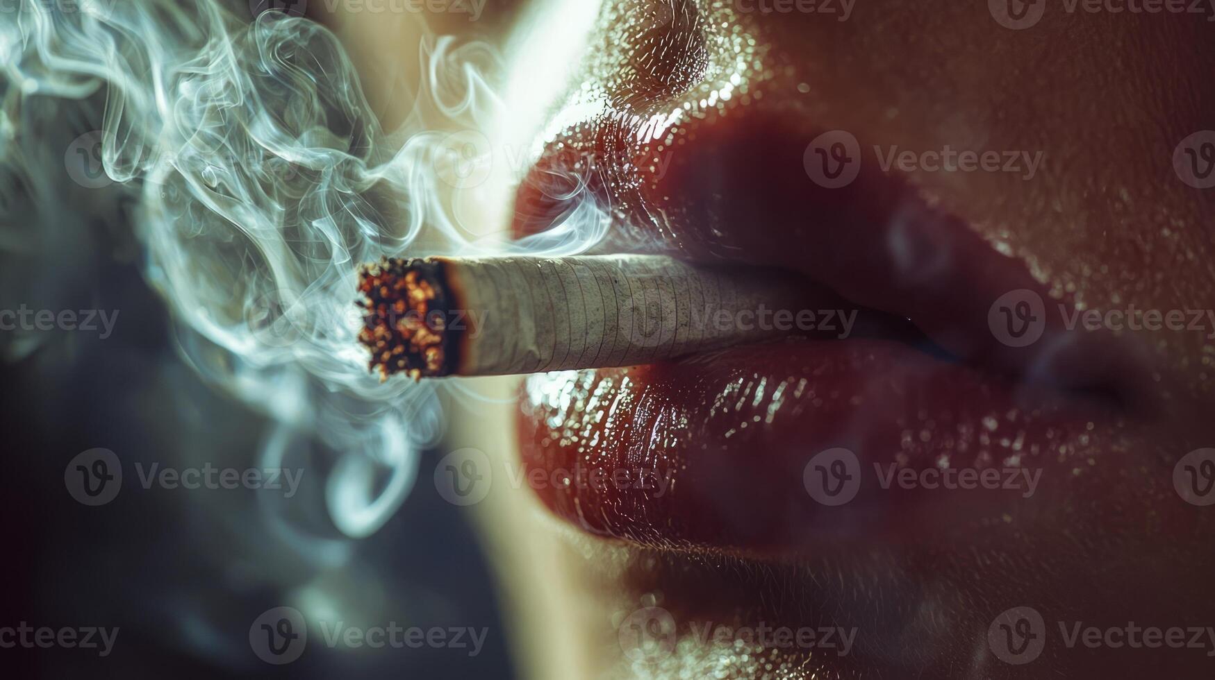 A close up of a woman's lips with smoke coming out photo