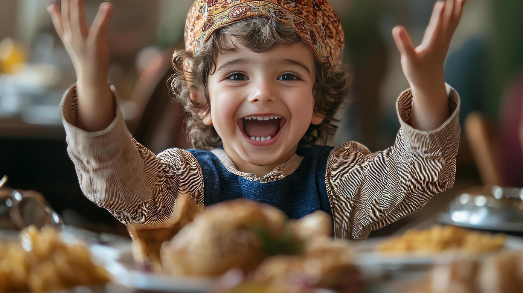 A young boy is celebrating at a restaurant photo