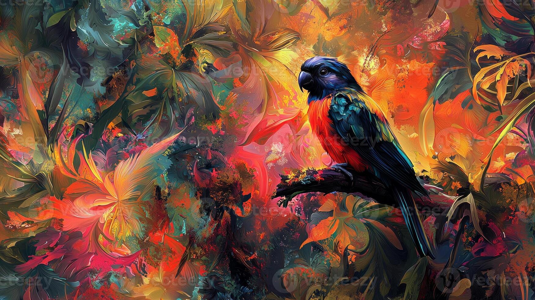 A colorful bird sitting on a branch in a colorful jungle photo
